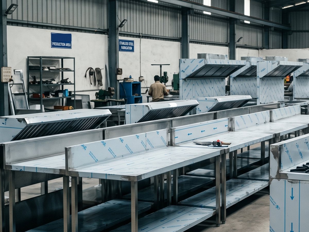 Production area — work tables and exhaust hoods