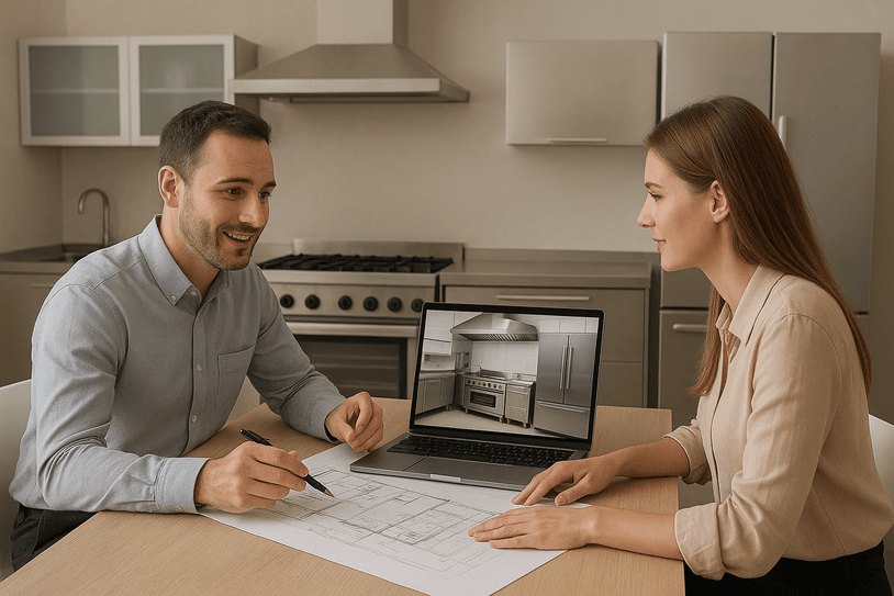 Reviewing a commercial kitchen layout with a client