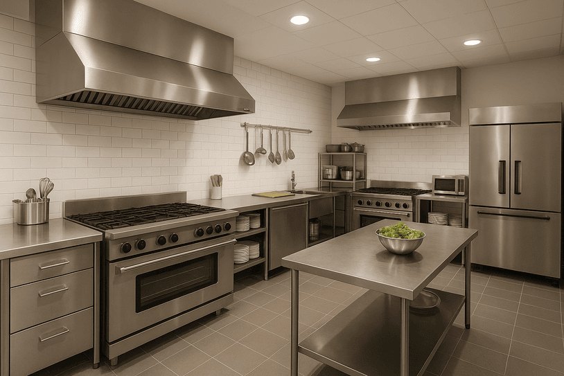 Commercial kitchen laid out with cooking, prep and refrigeration sections